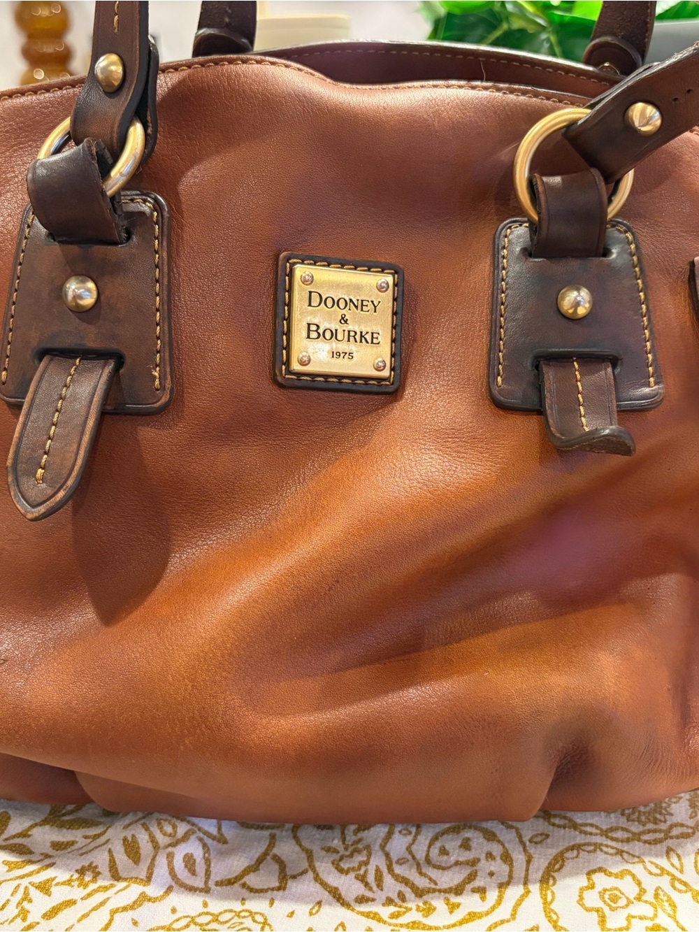 Dooney & Bourke Cognac Leather Satchel with Dark Brown Trim